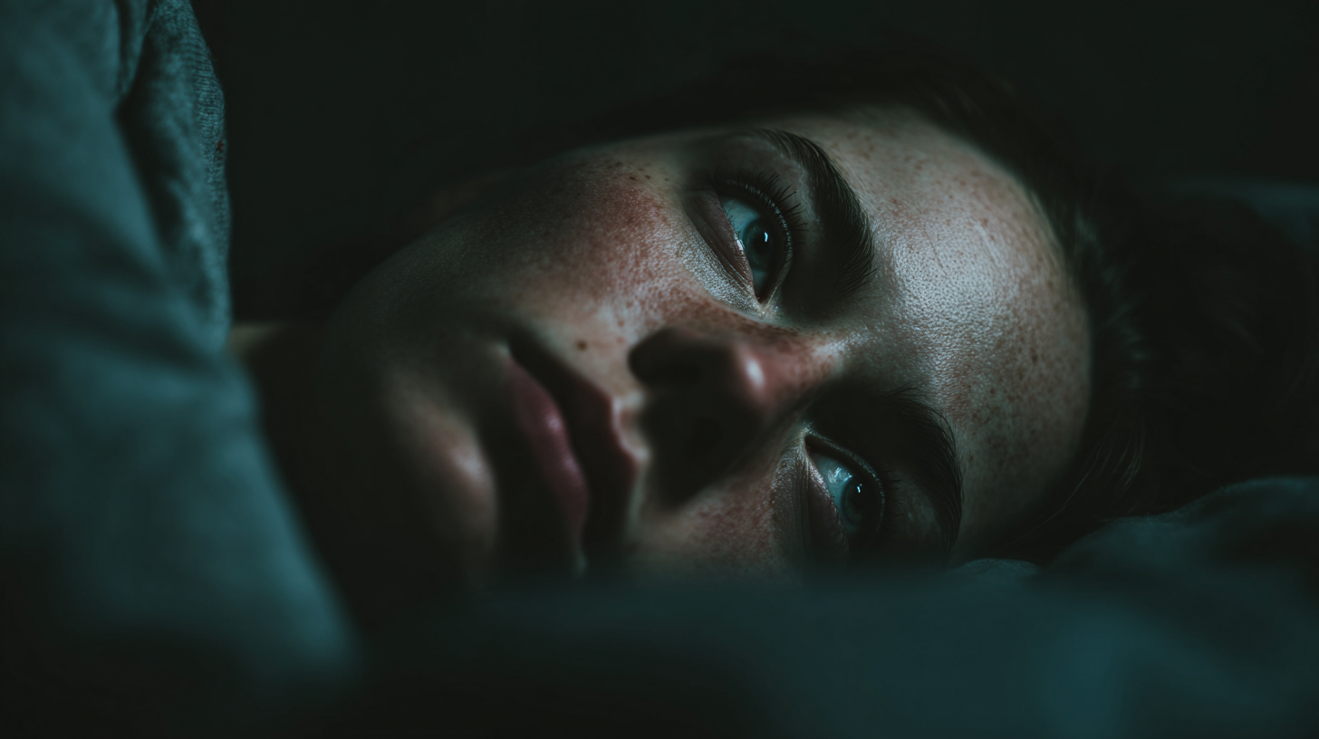 Close-up of a person lying in bed with eyes open in a dark room, illustrating the experience of being unable to fall asleep even when exhausted.